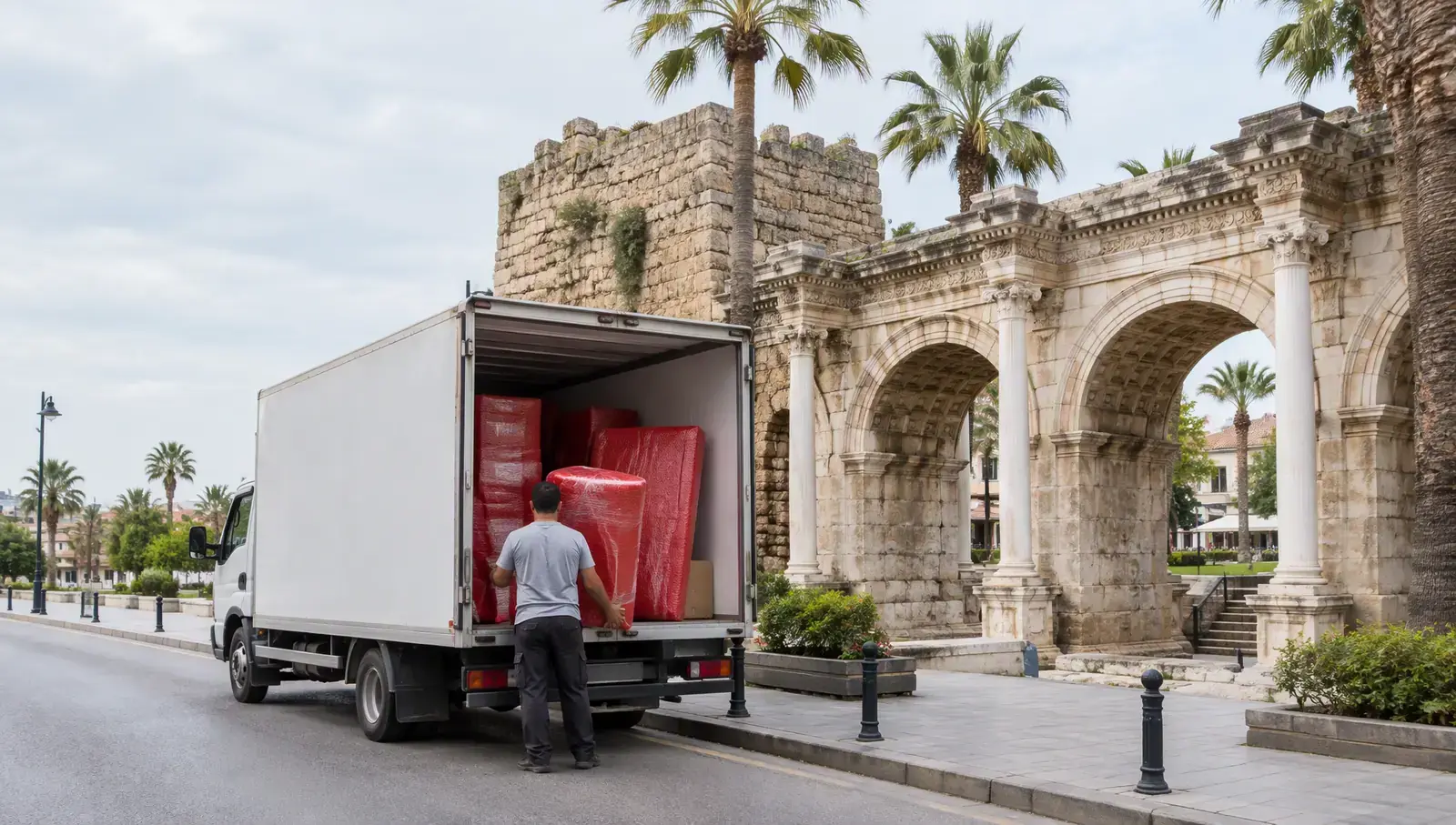 Hadrian's Gate (Üçkapılar) on Atatürk Avenue in Antalya; AI-generated image