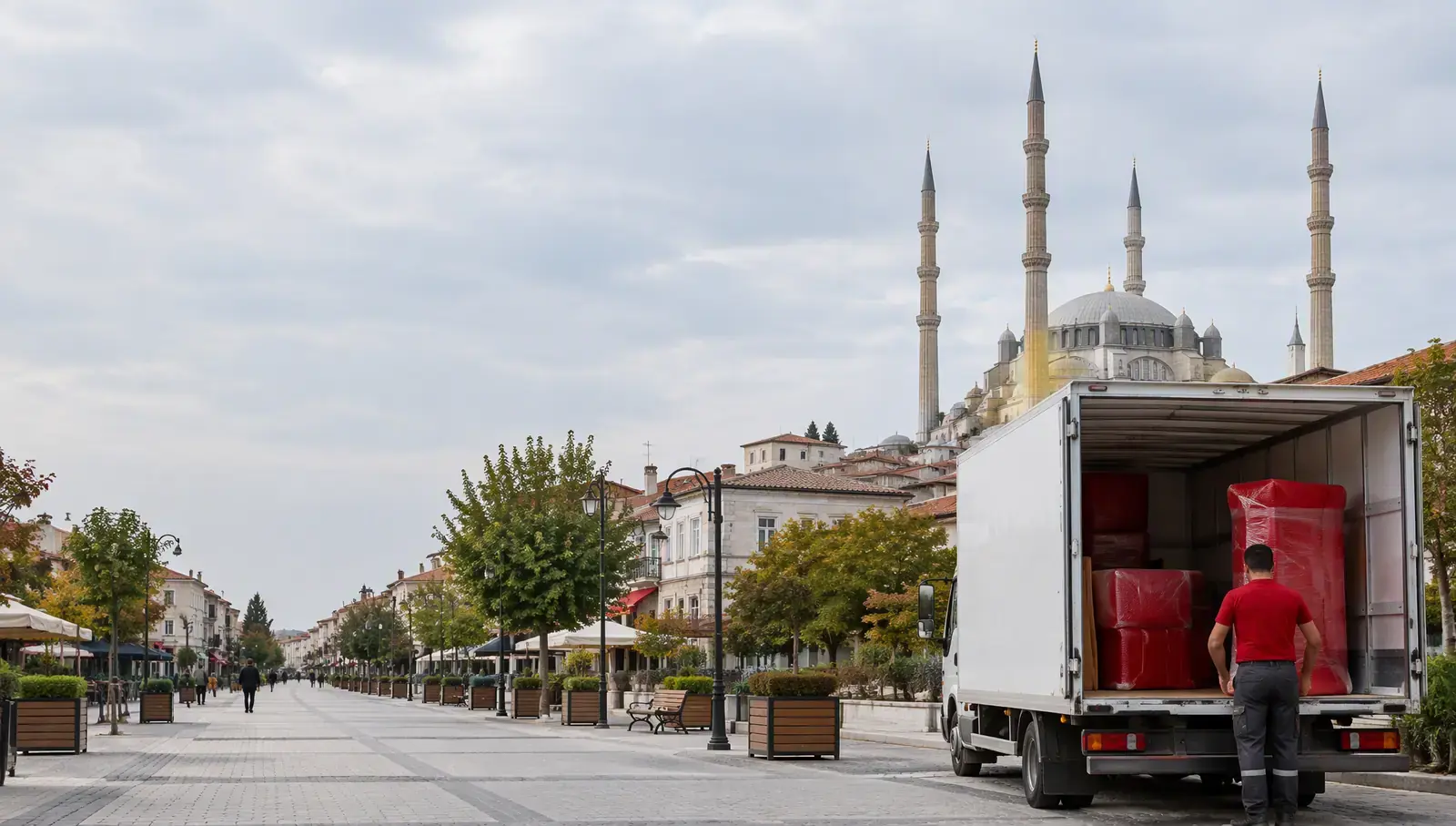 the Selimiye skyline and Saraçlar Avenue in Edirne; AI-generated image