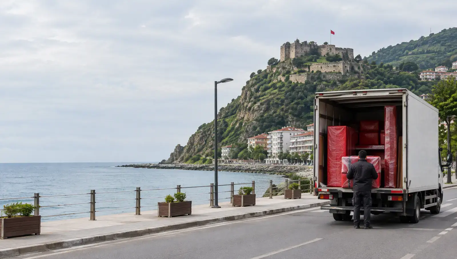 the coast road and castle headland in Giresun; AI-generated image