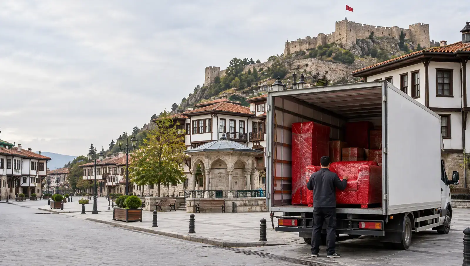 Kastamonu'da Nasrullah Meydanı ve kale eteğindeki tarihî sokaklar; yapay zekâ ile oluşturulmuş görsel