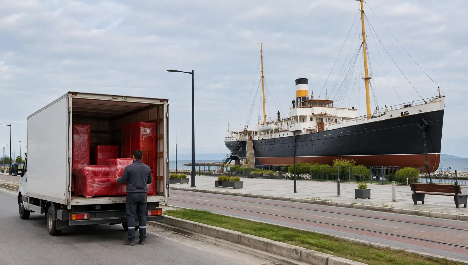 the Bandırma ferry museum ship on the seafront boulevard in Samsun; AI-generated image
