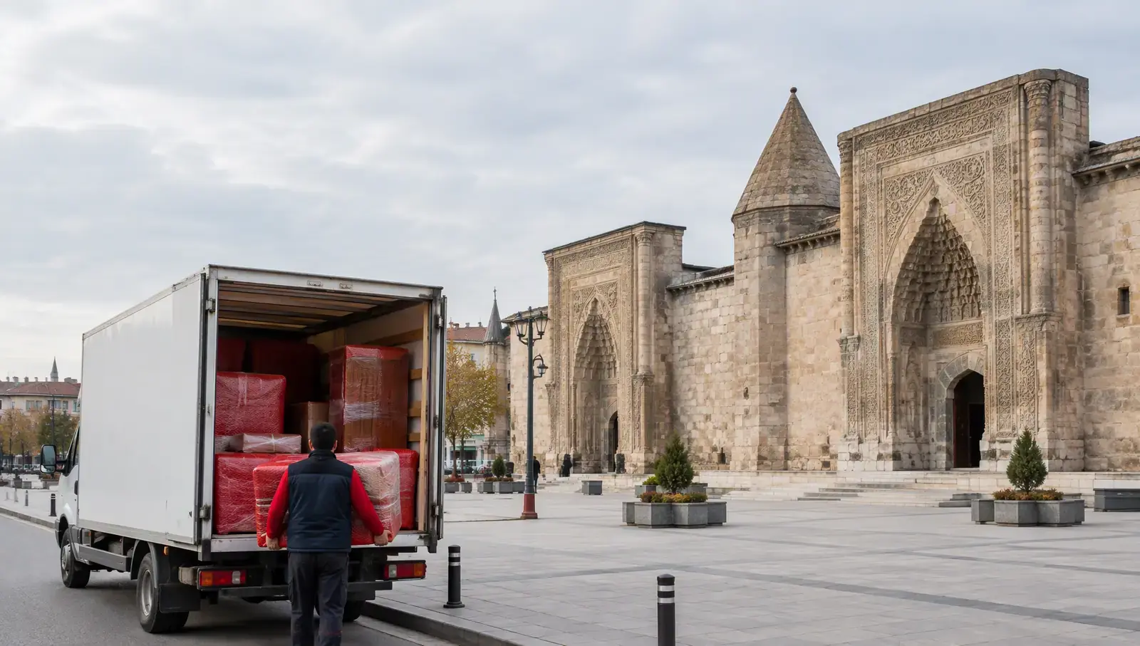 Cumhuriyet Square and the Seljuk madrasas in Sivas; AI-generated image