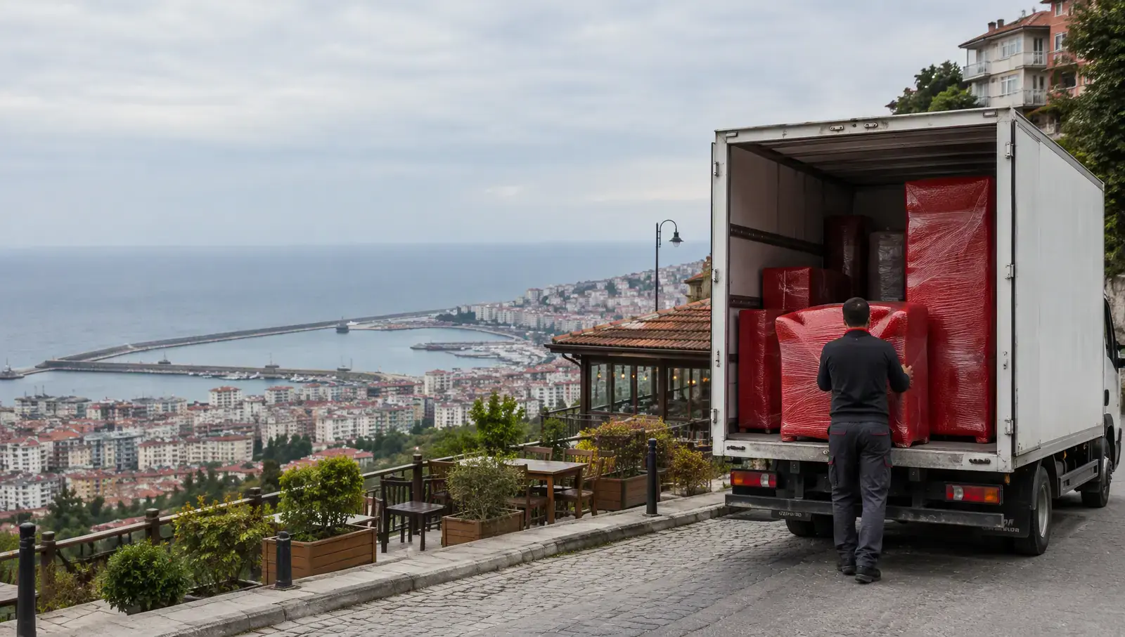 the harbour and city seen from Boztepe in Trabzon; AI-generated image
