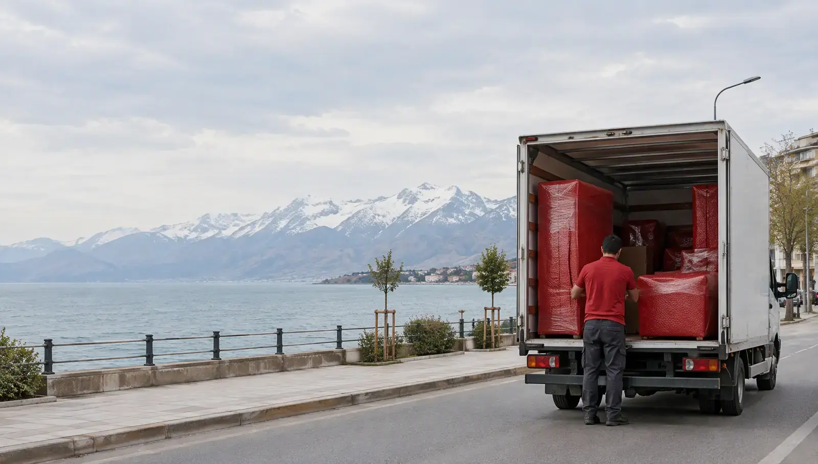 Cumhuriyet Avenue with Lake Van beyond in Van; AI-generated image
