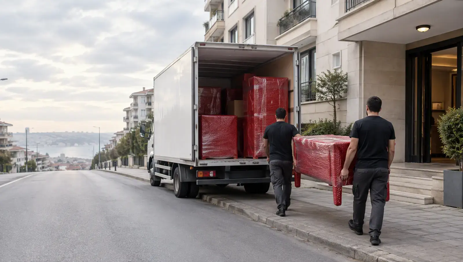 Sabah erken saatte İstanbul'da bir sokakta beyaz kamyon ve kırmızı ambalajlı bir masayı apartman girişine taşıyan, sırtı dönük iki taşıyıcı