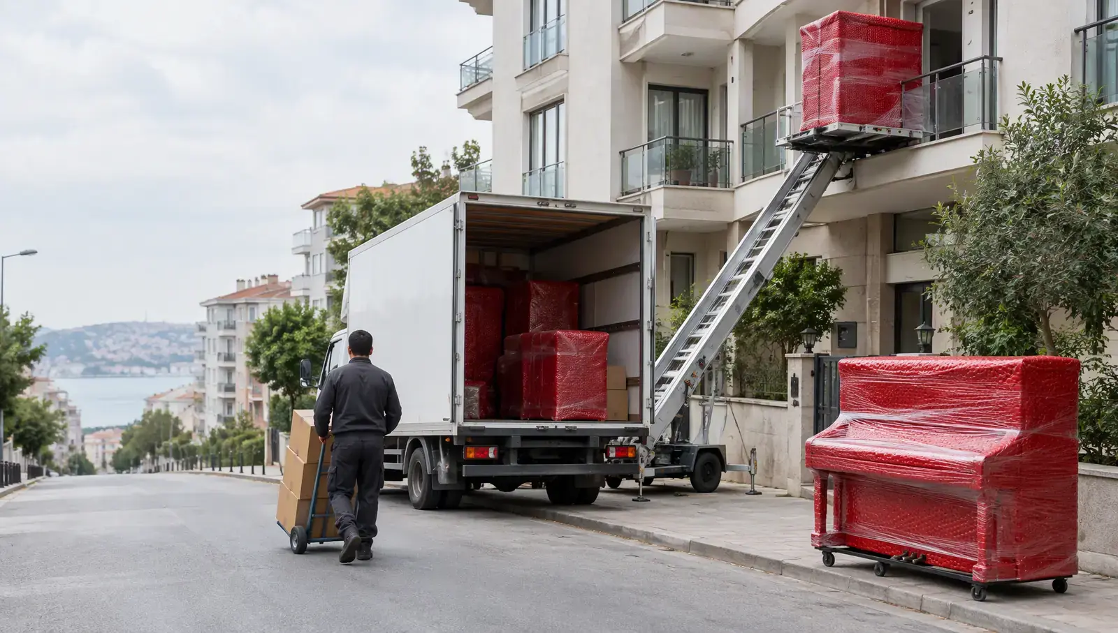 Several services in one İstanbul street: an open truck, an exterior lift reaching a balcony, archive boxes on a hand truck and a wrapped piano