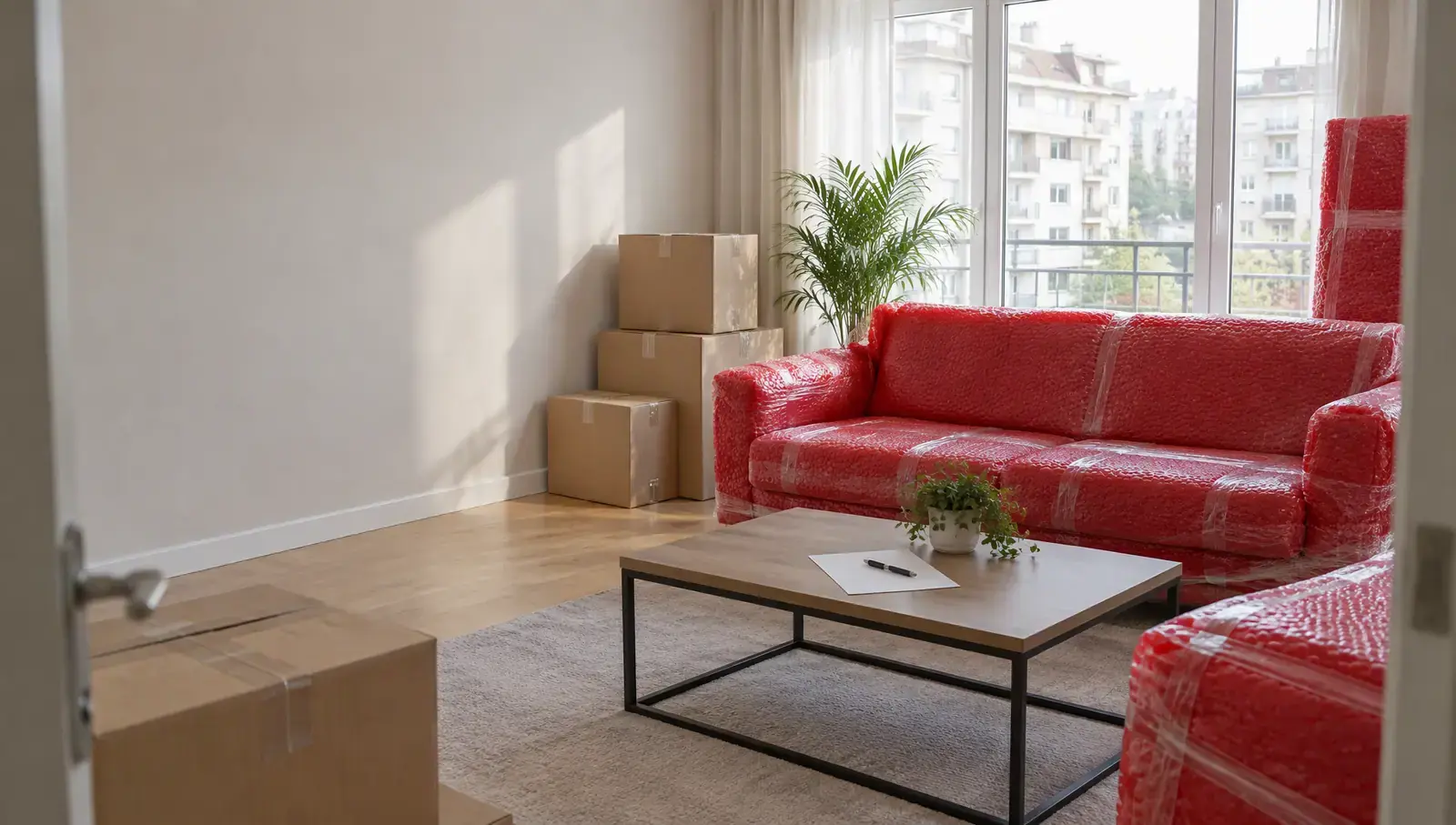 A sunlit living room mid-packing; a sofa half wrapped in red film, closed boxes, a blank checklist and pen on the coffee table