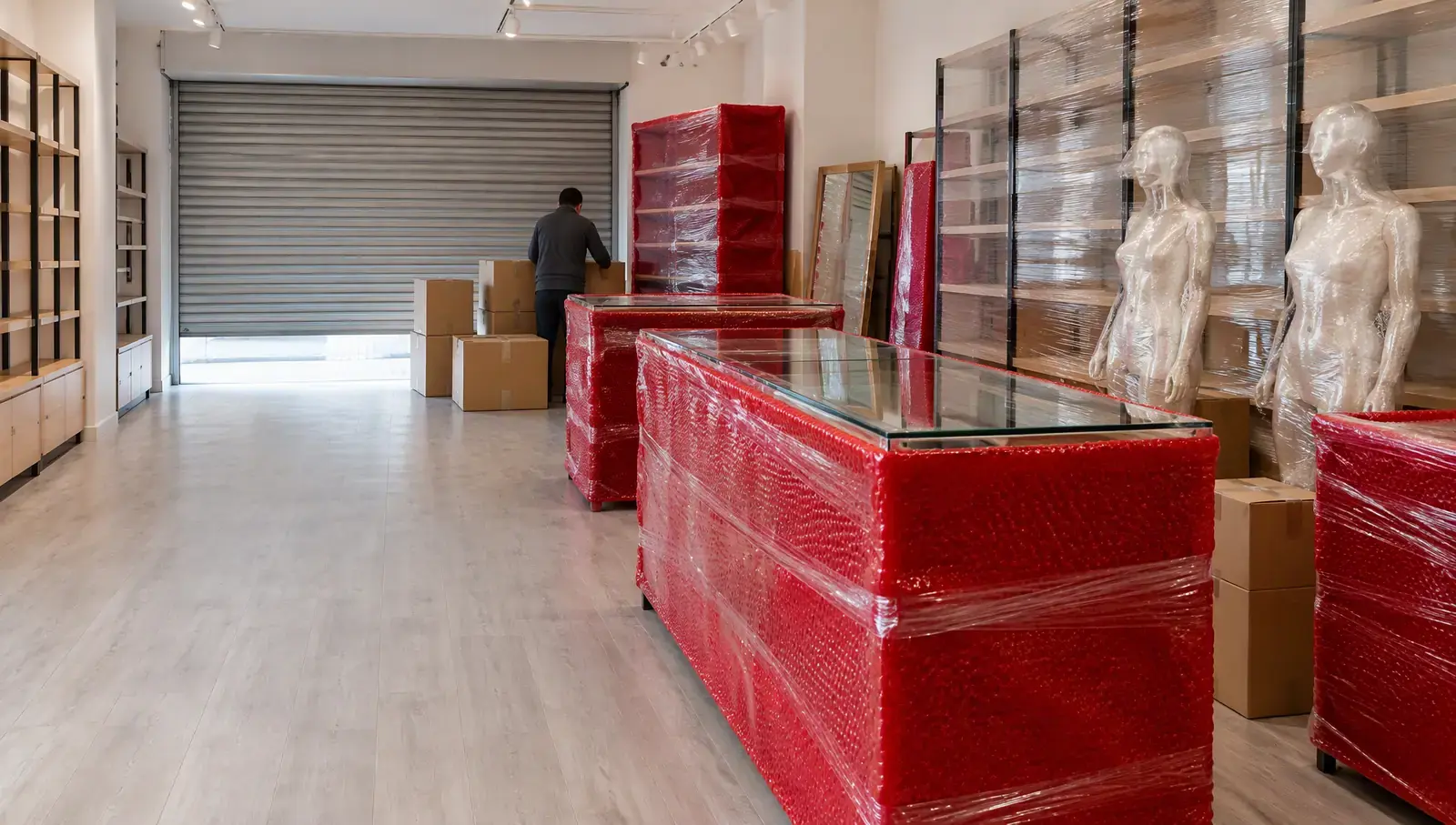 A small shop being packed; glass counters in red protective film, shelving in stretch film