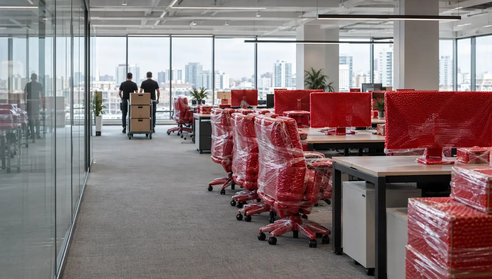 Taşınma günü açık planlı bir ofis; monitörler ve sandalyeler kırmızı koruyucu ambalajla sarılı, arşiv kolileri el arabasında