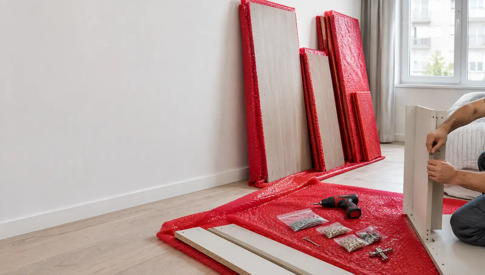 Disassembled wardrobe panels, a cordless screwdriver and bagged screws; hands fitting a panel