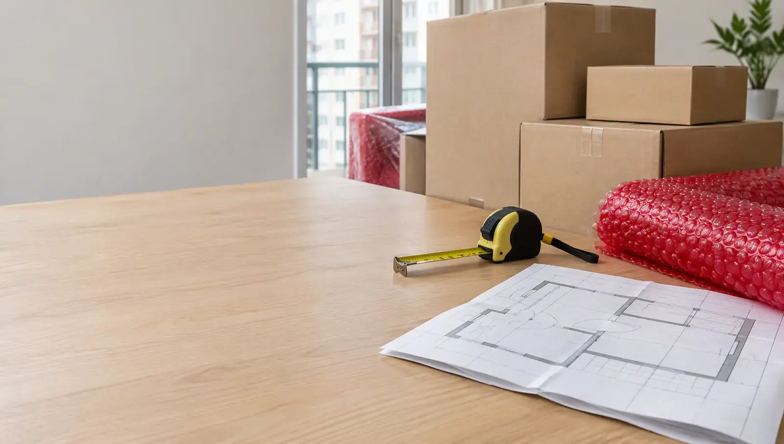 A tape measure, a blank floor-plan sheet, boxes of different sizes and a strip of red bubble wrap on a table