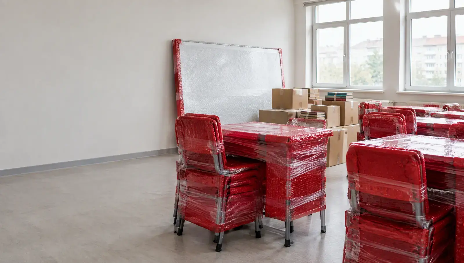 An empty classroom on moving day; desks and chairs wrapped in red stretch film, a wrapped whiteboard