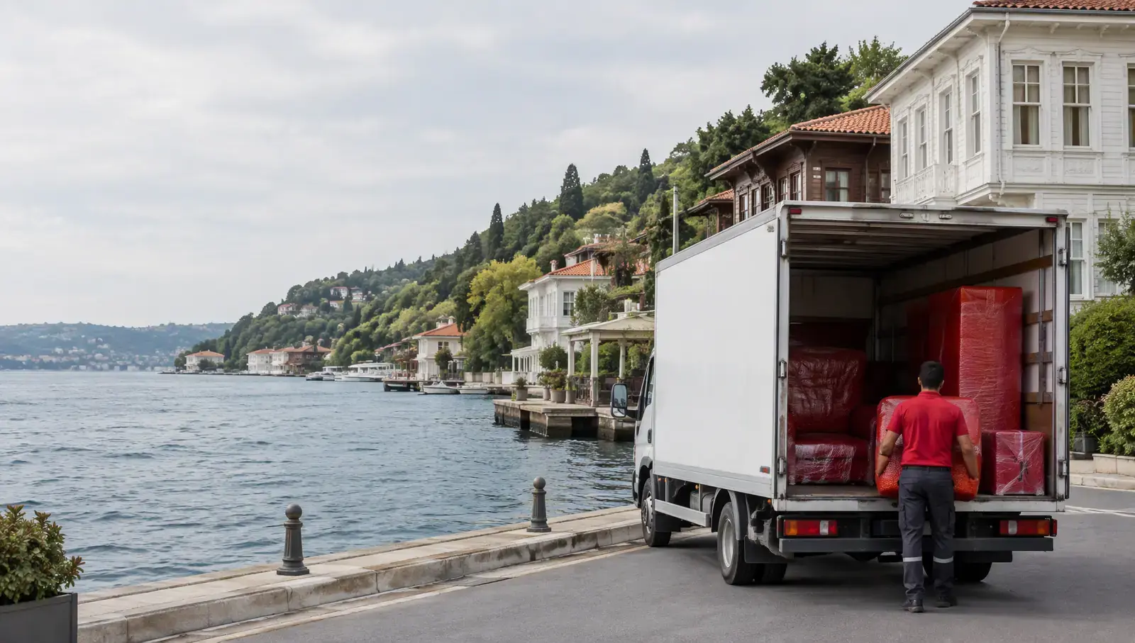 the Bosphorus shore and waterside mansions in Beykoz; AI-generated image