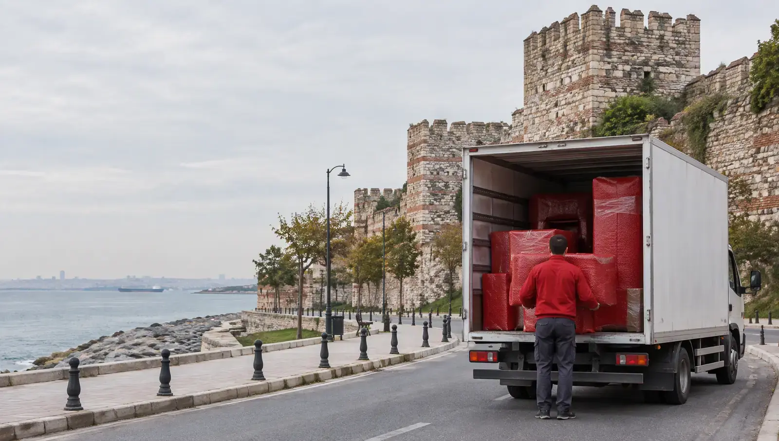 the seafront and land walls in Zeytinburnu; AI-generated image