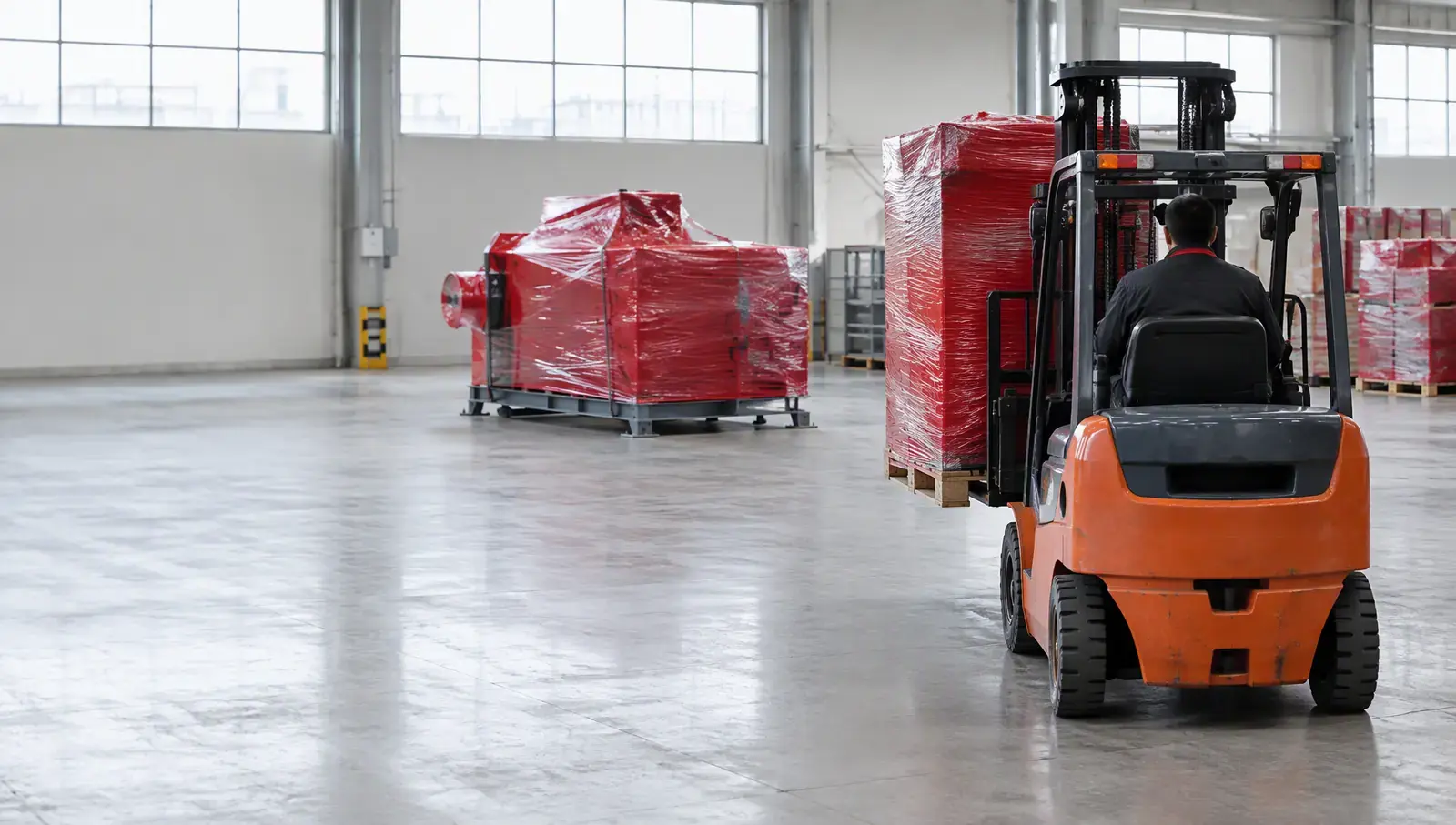 A machine on a skid wrapped in red stretch film in a clean factory hall, a forklift lifting a wrapped pallet