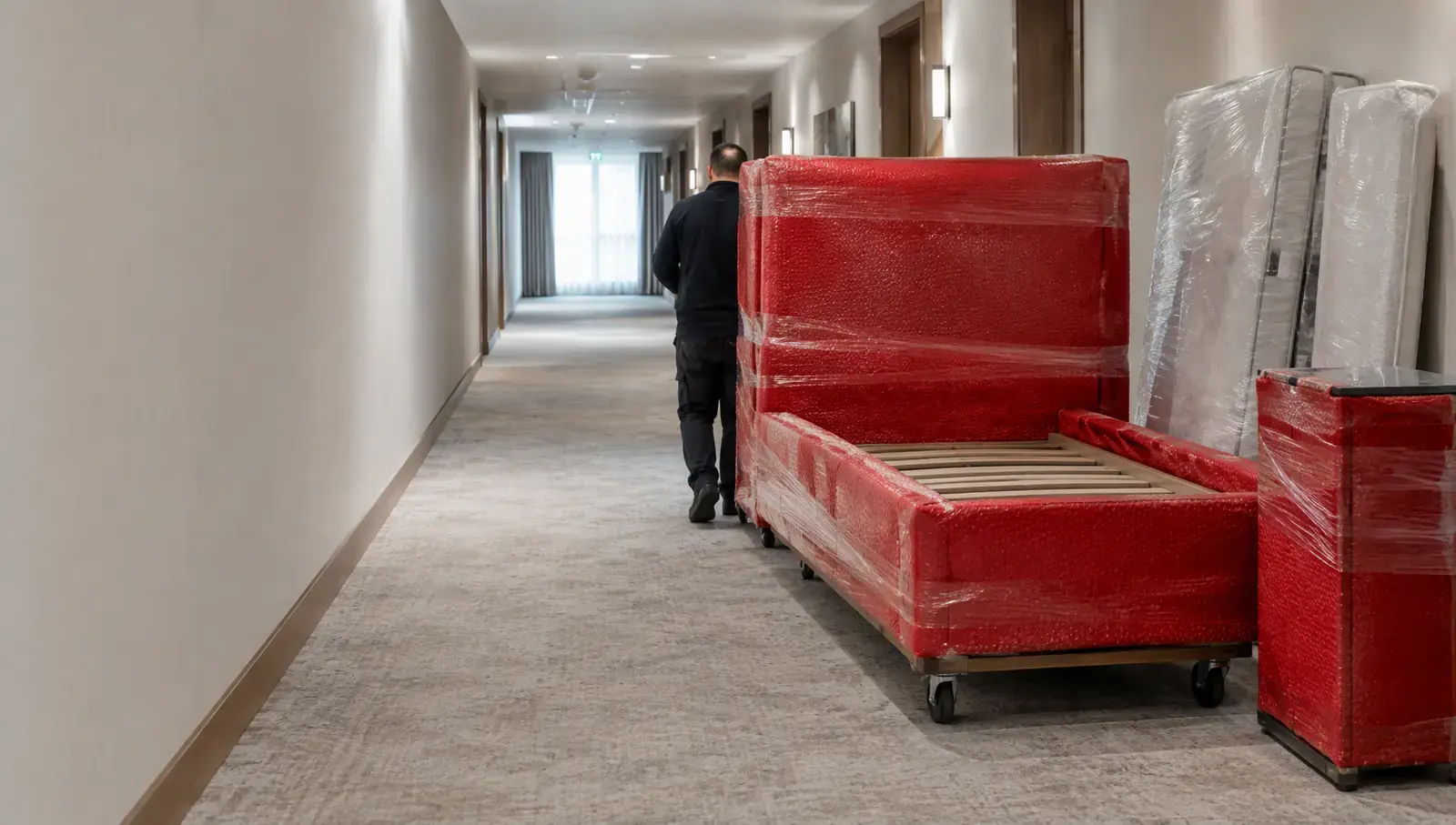 Otel koridorunda taşıma arabasında kırmızı koruyucu ambalajlı yatak başlığı ve karyola, filmle sarılı yataklar