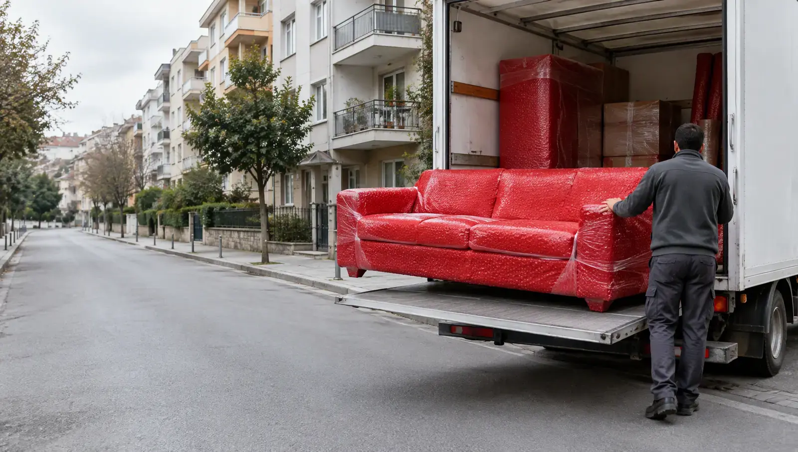 Sessiz bir İstanbul sokağında kamyonun lift platformunda kırmızı koruyucu ambalajlı tek bir üçlü koltuk