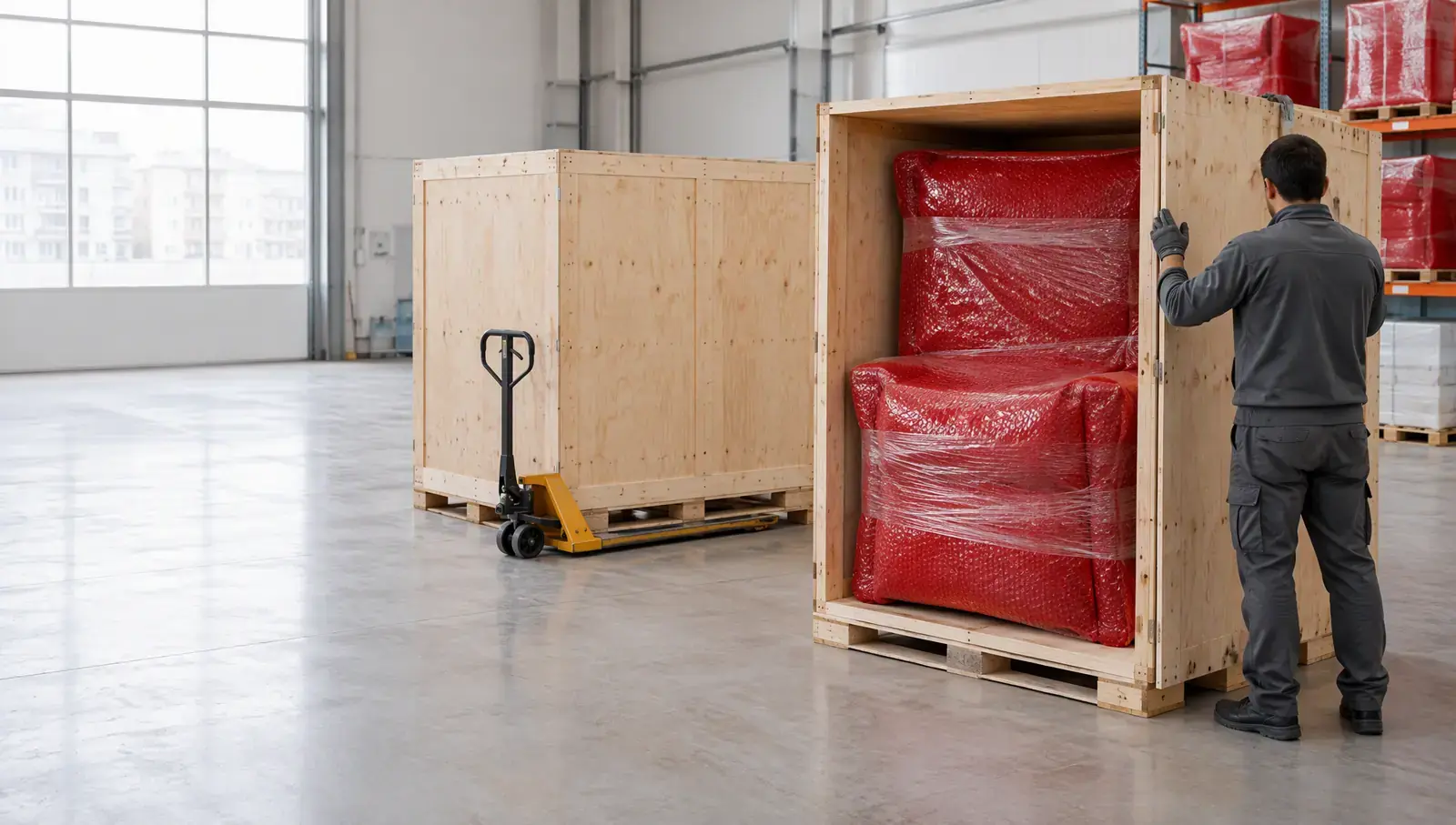 A plywood export crate being closed around red-wrapped furniture in a bright warehouse, a sealed crate on a pallet beside it
